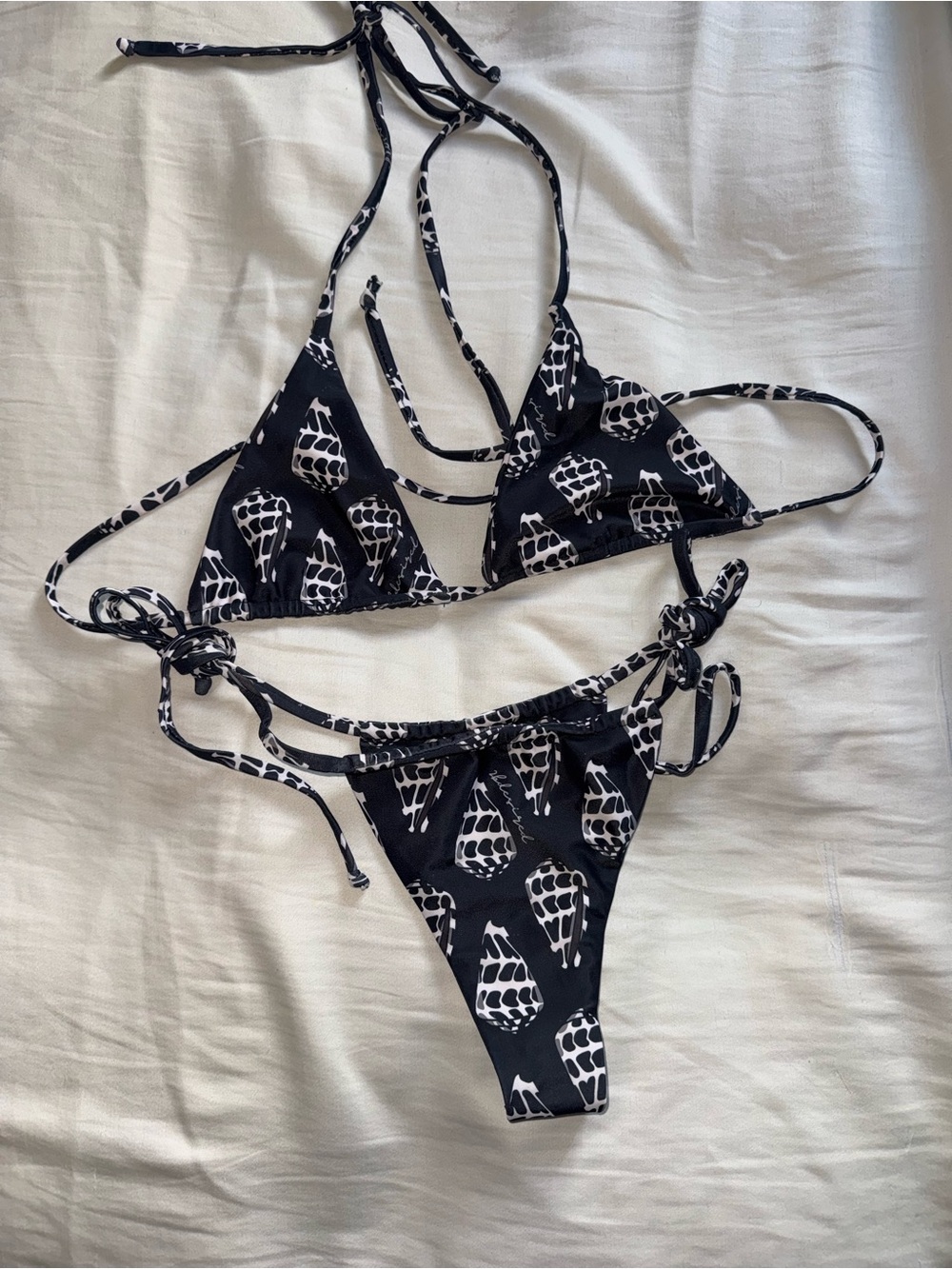 Black & White Shell-Print Triangle String Bikini - Women's Swim